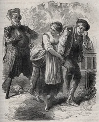 Die Rückkehr von Martin Guerre (um 1524 um 1560): Er erschien vor seiner Frau, Bertrande de Rols, und demjenigen, der seine Identität usurpiert hatte, dem Betrüger Arnaud du Tilh (Thil). Gravur von 1871 in „Histoire Des Cocus Celebres“ von Henry de Kock (1