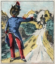 Der kranke Löwe und der Fuchs. Fabeln von Jean de La Fontaine (1621-95). Epinal-Bild vom Ende des 19. Jahrhunderts