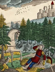 Geschichte der vier Söhne Aymon; Bayard, der das Geräusch der Soldaten hörte, die Ripas bei sich hatte, um Richard zu hängen, weckt Regnault, indem er auf seinen Schild schlägt (Bild des 19. Jahrhunderts)