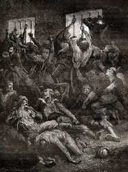 Das Leiden und der Tod aufgrund schlechter Belüftung englischer Gefangener im Schwarzen Loch von Kalkutta, einem kleinen Kerker im alten Fort William in Kalkutta, Indien, wo Truppen des Nawab von Bengalen, Siraj ud-Daulah, britische Kriegsgefangene nach de