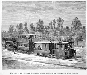 Die Straßenbahn von Rueil nach Marly, geführt von der Heißwasserlokomotive - in „Die neuen Eroberungen der Wissenschaft“ von Louis Figuier