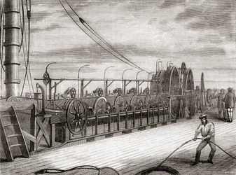 Das Abwickeln des transatlantischen Telegraphenkabels an Bord der S.S. Great Eastern