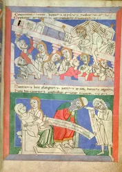 Der Wind, personifiziert durch Satan, bringt das Haus von Hiob über seinen Kindern zum Einsturz, die um den Tisch versammelt sind, und Hiobs Frau fällt in Ohnmacht, als sie die Nachricht hört, aus Moralia in Job von Papst Gregor dem Großen