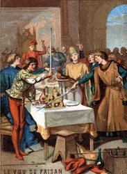 Der Wunsch des Fasans (1454): während des Festes, das von Philipp III. dem Guten, Herzog von Burgund, organisiert wurde, schwören die Gäste auf einen mit einer Perlenkette geschmückten Fasan, den Türken zu vernichten. Chromolithographie aus der Serie "Patr