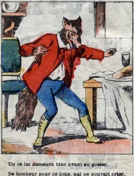Der Wolf und der Storch. Fabeln von Jean de La Fontaine (1621-95). Epinal-Bild Ende des 19. Jahrhunderts.
