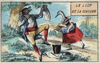 Der Wolf und der Storch. Fabeln von Jean de La Fontaine (1621-95). Epinal-Bild Ende des 19. Jahrhunderts.