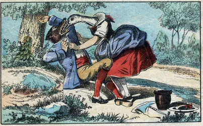 Der Wolf und der Storch. Fabeln von Jean de La Fontaine (1621-95). Epinal-Bild Ende des 19. Jahrhunderts.