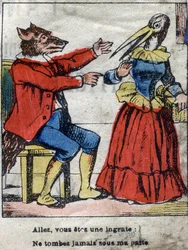 Der Wolf und der Storch. Fabeln von Jean de La Fontaine (1621-95). Epinal-Bildgebung Ende des 19. Jahrhunderts.