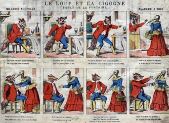 Der Wolf und der Storch. Fabeln von Jean de La Fontaine (1621-95). Epinal-Bildgebung Ende des 19. Jahrhunderts.