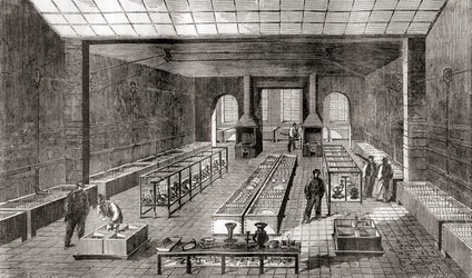 Die Werkstatt mit den chemischen Bädern in Charles Christofles Galvanisierungsanlage, Paris, Frankreich im Jahr 1867, aus Les Merveilles de la Science, veröffentlicht um 1870 (Gravur)