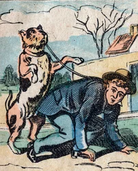 Die Welt auf den Kopf gestellt, ein imaginäres Land: ein Hund führt seinen Herrn an der Leine - Epinal-Bild