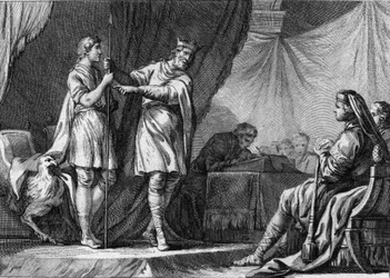 Thibaut I. (Theodebald, ca. 535-555), König von Austrasien, lehnt das Angebot der Botschafter des byzantinischen Kaisers Justinian ab, die Verteidigung der Ostgoten aufzugeben und sich dem Reich anzuschließen. Gravur des 18. Jahrhunderts.