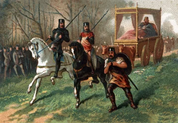 Thierry I (? - 533), König von Austrasien auf einem von Ochsen gezogenen Wagen. Chromolithographie aus dem späten 19. Jahrhundert.