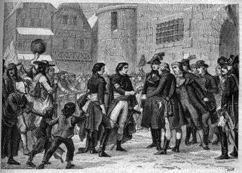 Dritter Vendée-Krieg (1799-1800): Vendée-Chefs geben im Januar 1800 ihre Waffen zurück - Gravur von 1865 in „Histoire du Consulat et de l