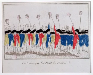 So werden Verräter bestraft, Sansculotten tragen die Köpfe der Guillotinierten, 1789