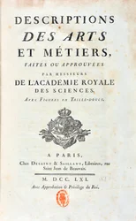 Titelseite von „Descriptions of Arts and Metiers made or approved by gentlemen of the Royal Academy of Sciences“. 1761