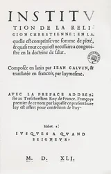 Titelseite der Institutio Christianae Religionis von Johannes Calvin, französische Erstausgabe, 1541