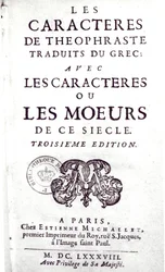 Titelseite von Les Caracteres de Theophraste, übersetzt aus dem Griechischen, mit Les Caracteres ou les moeurs de ce siecle von La Bruyere, 1688