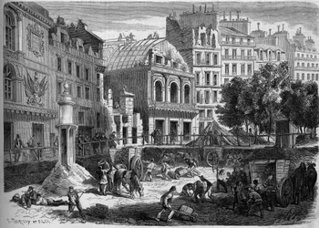 Transformationen von Paris unter dem Zweiten Kaiserreich, Haussmann Paris: Abriss der Theater des Tempels für das Durchstechen des Boulevard du Prince Eugene (heute Boulevard Voltaire). Gravur in 