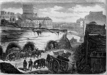 Transformationen von Paris unter dem Zweiten Kaiserreich, Haussmann Paris: Durchbruch des Boulevard du Roi de Rome (heute Avenue de Kleber). Gravur in „Le Monde Illustré“ Nr. 276 vom 26. Juli 1862