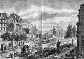 Transformationen von Paris unter dem Zweiten Kaiserreich, Paris Haussmann: Durchbruch des Boulevard du Prince Eugene (heutiger Boulevard Voltaire). Gravur in „Le Monde Illustré“ Nr. 284 vom 20. September 1862