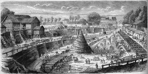 Arbeiten in Menilmontant zur Ausgrabung des großen Wasserreservoirs der Dhuis, das Paris mit Trinkwasser versorgen wird