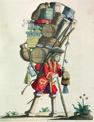 Reisender Gewürz-, Likör- und Heilmittelverkäufer im Jahr 1721, aus Costumes de Paris a Travers les Siecles, veröffentlicht 1887