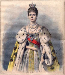 Zarin Alexandra von Russland in ihrem Krönungsornat - Zarin Alexandra Fjodorowna im Kostüm der Weihe. Illustration für „Le Petit Journal“, 24. Mai 1896