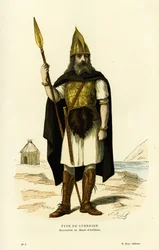 Typ eines gallischen Kriegers, mit Speer und Nydam-Schwert. Farbgravur nach der Zeichnung von L. Hennin, in „Frankreich und die Franzosen durch die Jahrhunderte“ von Augustin Challamel, F. Roy Herausgeber, Paris 1882. Sammlung Selva.