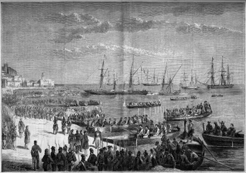 Einheit Italiens - Expedition der Tausend oder Rothemden - Evakuierung von Milazzo (Sizilien), Juli 1860: General Bosco und die neapolitanischen Truppen von Franz II. verließen die Zitadelle von Milazzo nach ihrer Niederlage gegen die Tausend von Giuseppe 