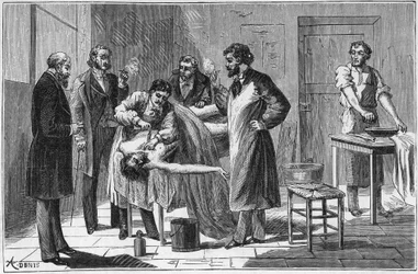 Verwendung von Natriumsulfit in Seziersälen zur Konservierung von Leichen - Gravur in „Wissenschaften für jedermann - populäre Physik und Chemie“ von Alexis Clerc - Ende 19. Jahrhundert - Private Sammlung