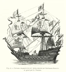 Kriegsschiff des 16. Jahrhunderts; gezeichnet von Guillaume Barendsz und gestochen von Cl. Visscher (Gravur)