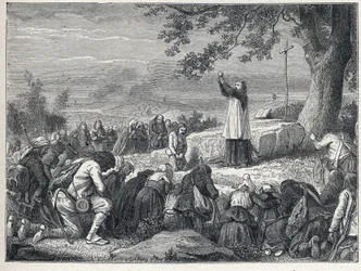 Vendée-Kriege (1793-1796): Priester feiert eine Messe unter einer Eiche für die aufständische Bevölkerung, die geschworene Priester ablehnt. Gravur von 1889. Private Sammlung