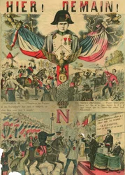 Victor Napoleon (1862-1926) an der Spitze der Bonapartisten-Anhänger, der letzte Erbe Napoleons I. musste nach einem Gesetz der Dritten Republik von 1886 ins Exil gehen. Stich, in „Le Figaro, Beilage“, am 30.03.1889, Paris.