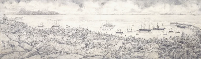 Blick auf Papeete, Tahiti, über den Hafen in Richtung Moorea, Mitte des 19. Jahrhunderts