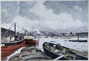 Ansicht von Paris, der Seine und dem Becken von Villette, Aquarell von Brun, 1889