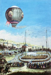 Ansicht der Brolteaux in Lyon und der dritte Flug des Montgolfier-Heißluftballons am 10. Januar 1784 (Farbstich)