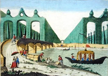 Blick auf die Gärten von Lord Hamilton in Richtung einer Brücke über die Themse bei London