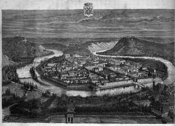 Ansicht der Stadt Besançon im Doubs. Gravur von 1880 in „La republique illustree“ private Sammlung