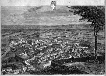 Ansicht der Stadt Bourg im Ain. Gravur von 1880 in „La république illustrée“, private Sammlung.