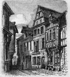 Ansicht des Hauses in der Rue de la Pie in Rouen, in dem Pierre Corneille geboren wurde. Gravur in 