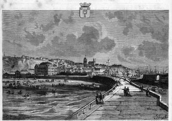 Ansicht der Stadt Boulogne im Pas de Calais. Gravur von 1880 in „La republique illustree“ private Sammlung.