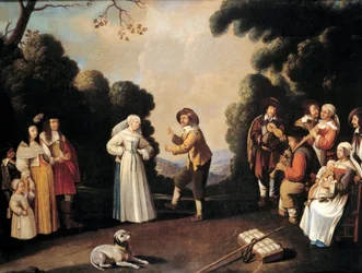 Dorftanzszene, wahrscheinlich bei einer Hochzeitsfeier, eine schwangere Frau links. Gemälde der französischen Schule. 17. Jahrhundert. Avignon, Musée Calvet