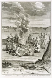 Virginier, die Feuer anbeten und sich freuen, aus erheblicher Gefahr befreit worden zu sein, Illustration aus Religiöse Zeremonien und Bräuche, graviert von Bernard Picart (1673-1733) 1721