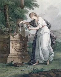 Tugend erweist Ehre am Grab von Rousseau, Ermenonville (Tombeau de Jean Jacques Rousseau), 1866 (handkolorierte Punktstichgravur)