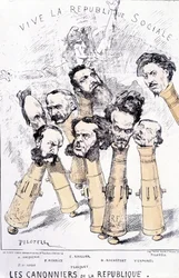 Es lebe die soziale Republik - Die Kanoniere der Republik: A. Vacquerie, F.V. Hugo, P. Meurice, E. Roullier, Flocquet, H. Rochefort, Vermorel, Pilotell. Karikatur