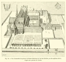 Gesamtansicht des Priorats von Sainte-Catherine du Val des Ecoliers im 17. Jahrhundert (nach einer Gravur von Cochin)