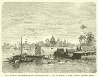 Ansicht des Hafens und der Docks von Bangkok, von einem Boot vor der Missionskirche aus gesehen