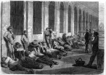 Krieg von 1870: Pariser stehen vor dem Finanzministerium Schlange, um das nationale Darlehen zur Kriegsfinanzierung zu zeichnen. Szene, die den Tag vor der Eröffnung der Fenster darstellt