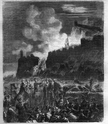Spanischer Erbfolgekrieg (1701-1714) zwischen Frankreich und seinem Verbündeten Spanien und einer Koalition europäischer Länder. Gravur in „Histoire des Papes-Rois-Reines und Kaiser durch die Jahrhunderte“ von Maurice Lachatre